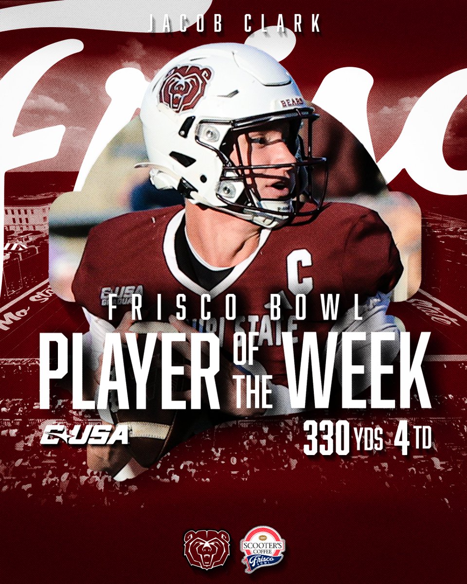 FriscoBowlGame's tweet image. We’re proud to announce Missouri State's Jacob Clark as our Week 12 Offensive Player of the Week! Clark set a school record with 30 completions, finishing with 330 yards and 4 touchdowns.

#FriscoBowl | #OutHitOutHustle | #ProveIt