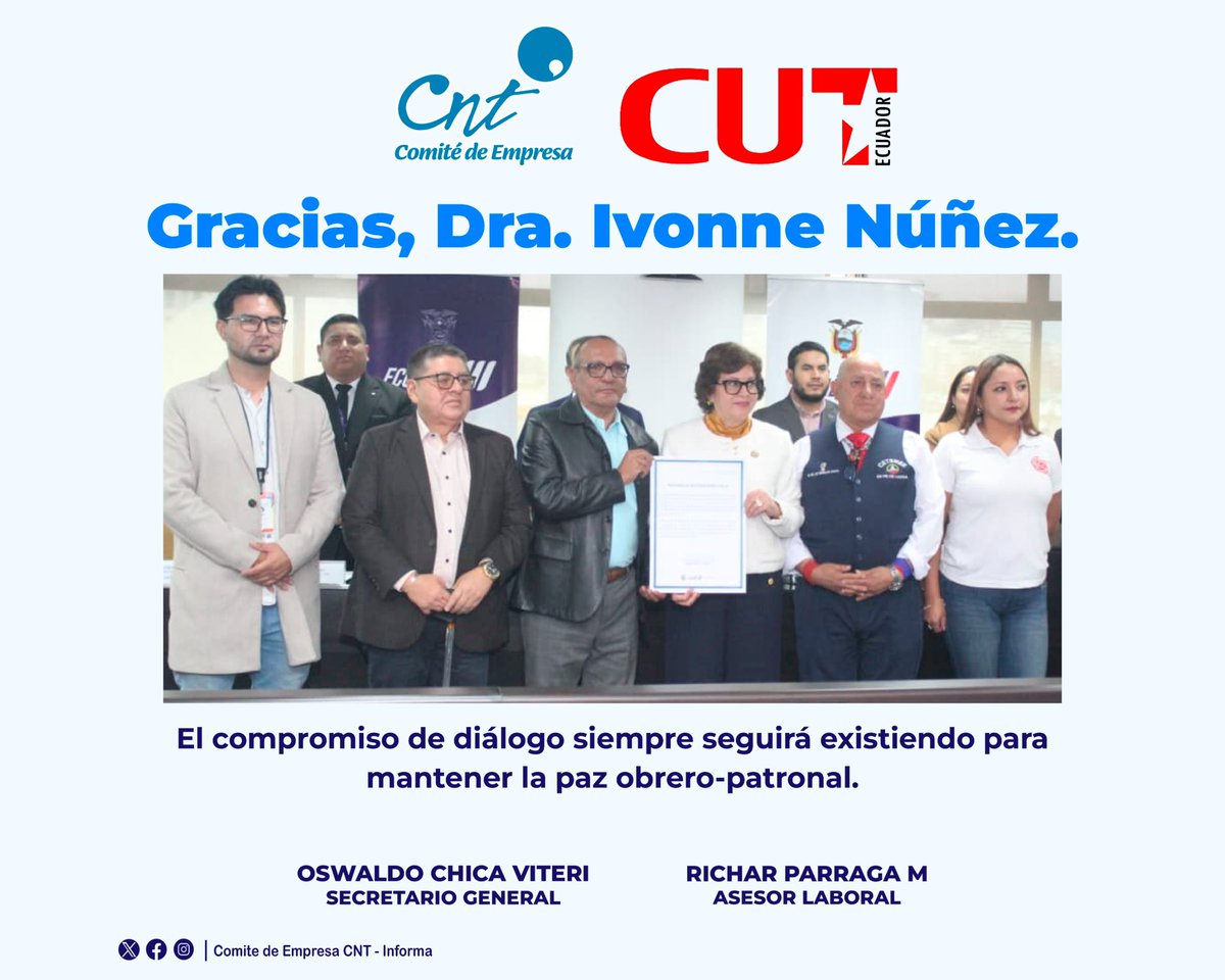 Gracias a los trabajadores por hacer posible el diálogo social y tripartito, por haber defendido al Estado Ecuatoriano ante la <a href="/OITAmericas/">OIT Américas</a> y decir que sí es posible la justicia social a favor de los olvidados y marginados obreros del Ecuador. Hasta el final siempre, la lucha