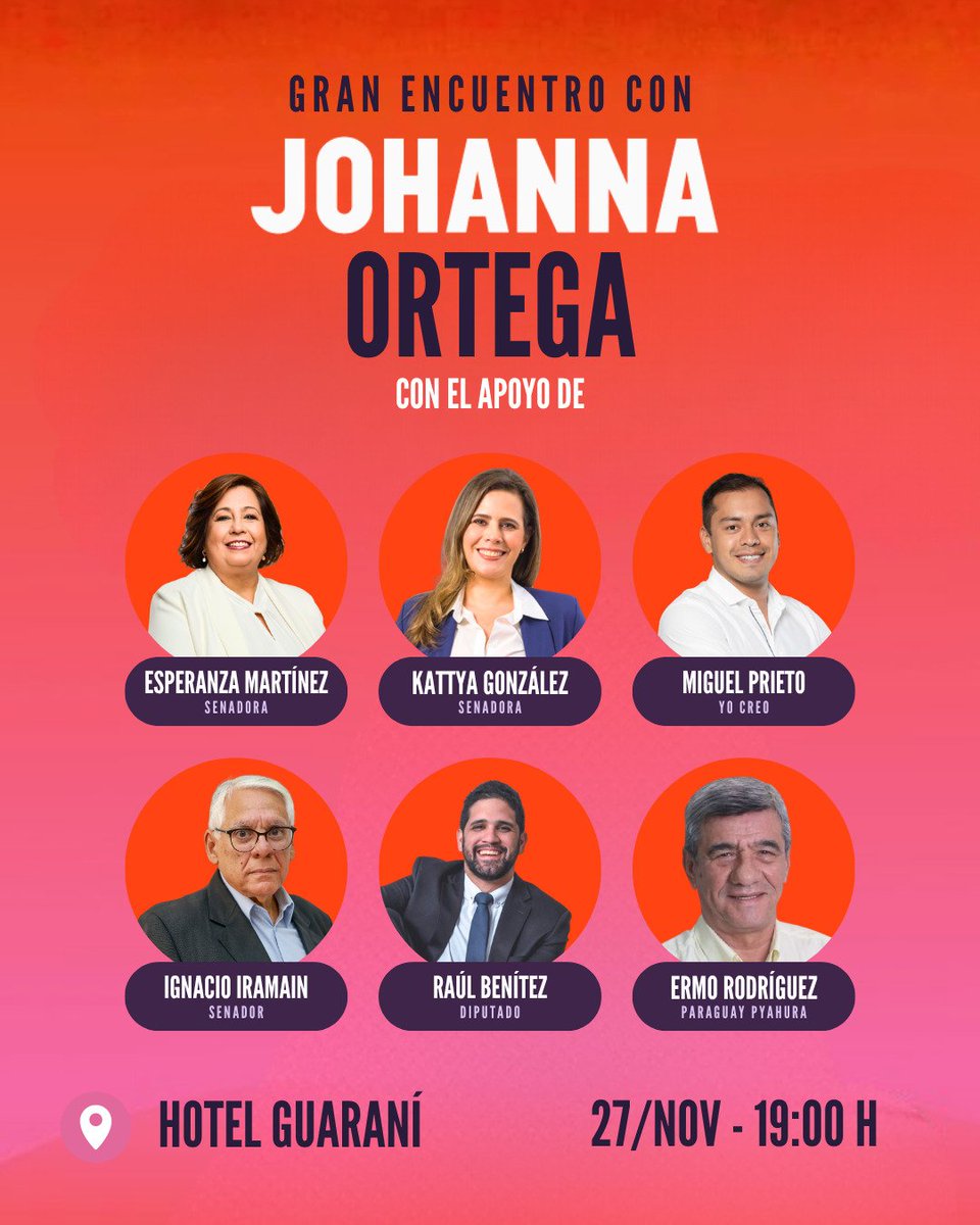 ¡Te invitamos a sumarte al gran desafío de devolverle a Asunción la esperanza! 

El jueves 27/11, a las 19:00, en el Hotel Guaraní, nos encontramos con importantes referentes de la oposición para dar un paso importante hacia la unidad que necesita nuestra capital. Este sueño solo
