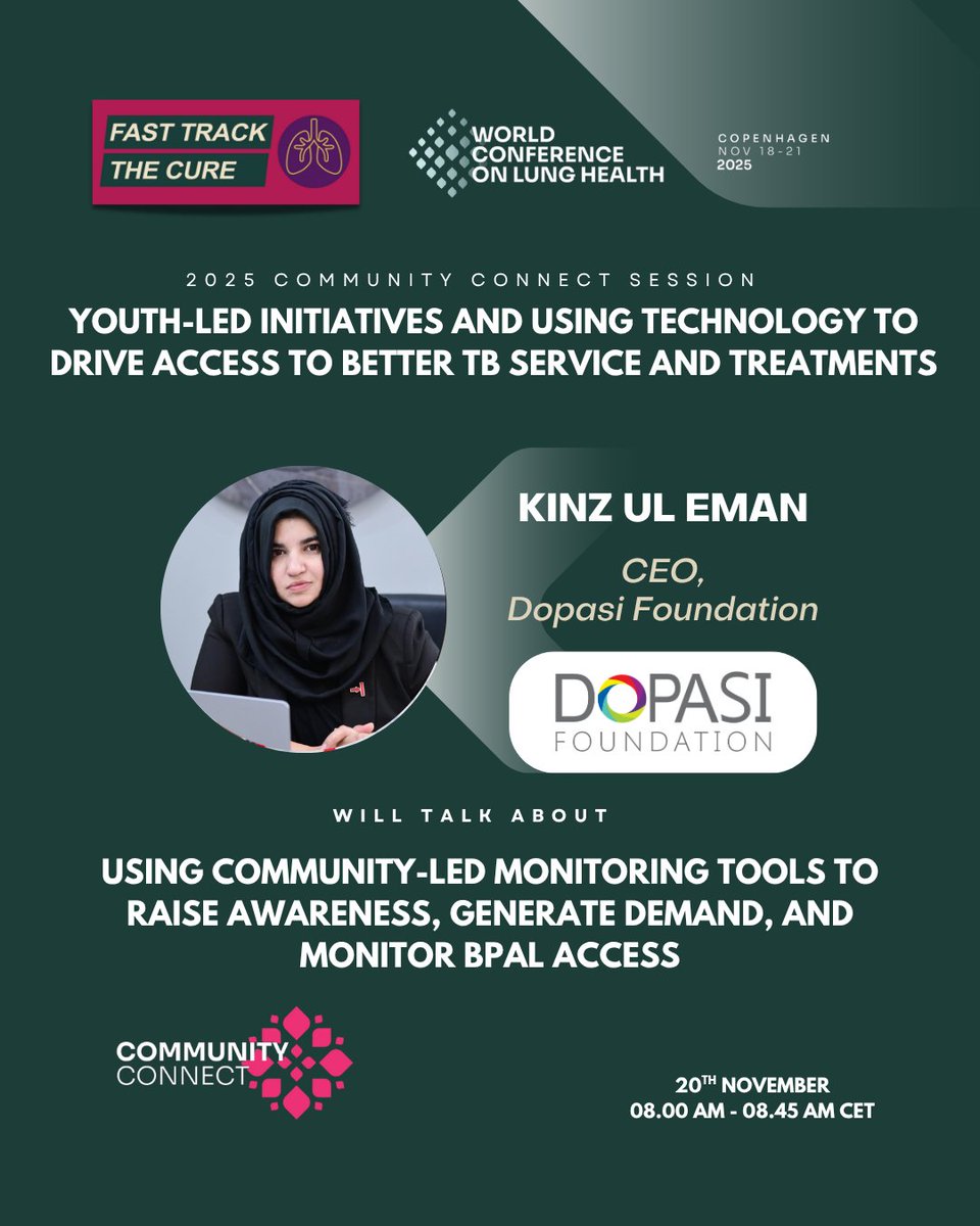 FastTrackTBCure's tweet image. 💜 Data meets action.

Dr. Kinz ul Eman, CEO of DOPASI Foundation, shares how community-led monitoring tools are helping raise awareness, generate demand, and ensure equitable access to DR-TB treatment.

🗓️ Nov 18 | 12:30–1:15 PM CET
#FastTracktheCure #6MonthsMax #DRTBFreeFaster