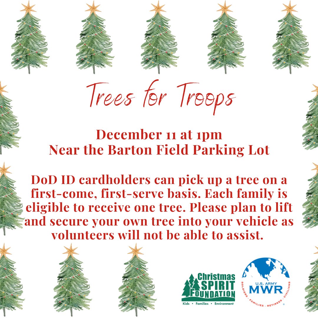FtGordonMWR's tweet image. Hello @USAGFortGordon!  We are excited to announce that Christmas trees will be available for pickup on December 11th! Please see the graphic for details!
#GordonMWR #TreesforTroops #FreeTrees