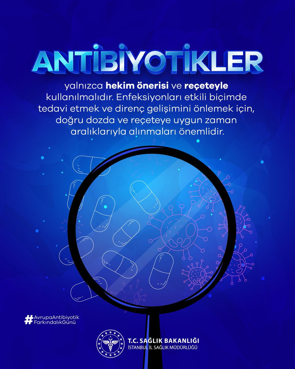 Antibiyotikler, yalnızca hekim önerisi ve reçeteyle kullanılmalıdır.
Enfeksiyonların doğru tedavisi ve direnç gelişiminin önlenmesi için antibiyotiklerin uygun dozda, doğru süreyle ve reçeteye uygun şekilde kullanılması hayati önem taşır.

#AvrupaAntibiyotikFarkındalıkGünü