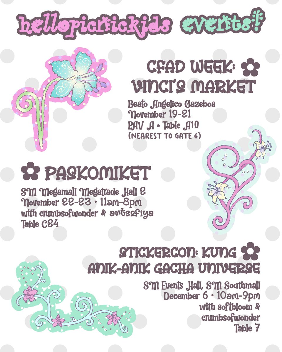 hellopicnickids's tweet photo. HPK Events as the year ends! 💗
~~* see photos for catalog ^^ new new stuff to look out for!! 💐🧺

First one in line is CFAD Week art market which starts tomorrow!
See u everyone! <333 https://t.co/Yn4oBBJvly