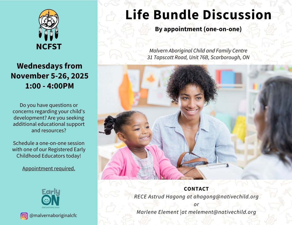 Do you have questions or concerns about your child’s development? Schedule a one-on-one appointment with one of the RECEs or other support staff at the Malvern Aboriginal EarlyON. See the flyer for details.

@malvernaboriginalcfc