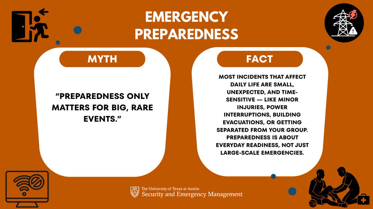 🧠 Myth: “Preparedness is only for big emergencies.”

Fact: Most incidents are small, unexpected, and time-sensitive. Everyday readiness helps you stay aware, act quickly, and support others when plans change fast.

#LonghornReady #CampusSafety