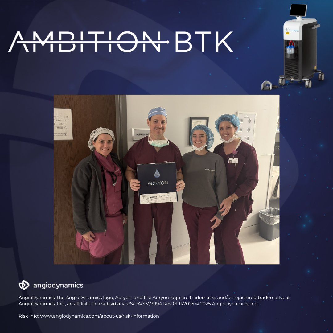 AngioDynamicsCV's tweet image. Congratulations to Dr. Matt Finn and the team at @CardioInstitute for enrolling their first patient in #AMBITIONBTK! 
  
Learn more▶️ bit.ly/464ZJTE
 
Risk information▶️ bit.ly/3UFe4Rf
#AngioDynamics #Auryon #TheAuryonSystem