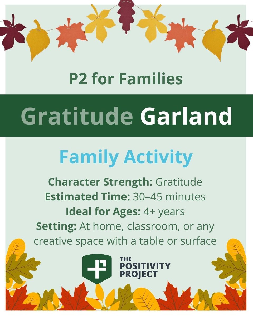 PosProject's tweet image. Excited to share our new family activity in our parent newsletter. 

Gratitude Garlands are a simple way to help kids notice the little things while adding a festive touch at home. 

Not subscribed yet? Sign up here so you don’t miss the next activity: posproject.org/how-it-works/f…