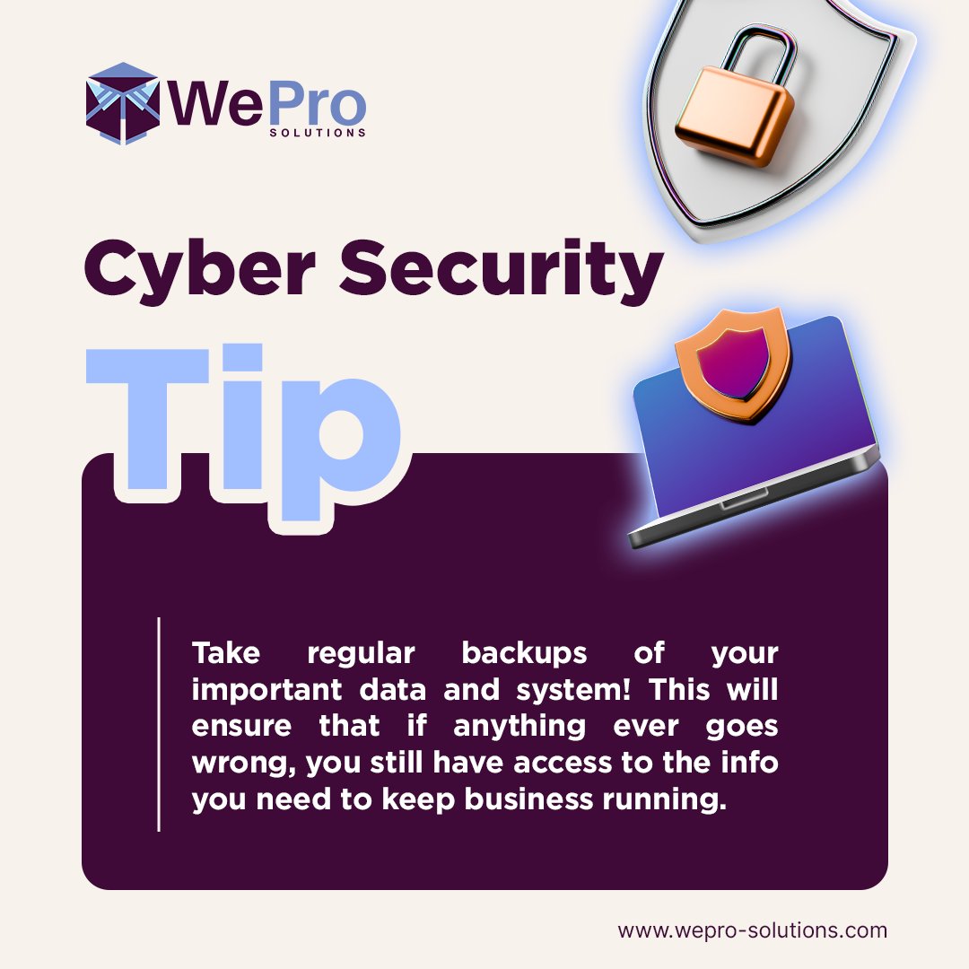 WeProLLC's tweet image. Cybersecurity tip 🔒

Take regular backups of your important data and system! This will ensure that if anything ever goes wrong, you still have access to the info you need to keep business running. 

#CybersecurityTip #Cybersecurity