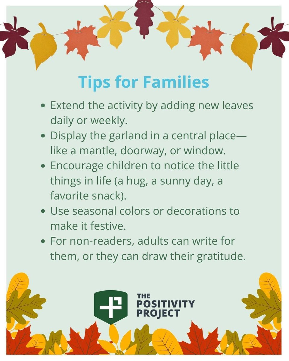 PosProject's tweet image. Excited to share our new family activity in our parent newsletter. 

Gratitude Garlands are a simple way to help kids notice the little things while adding a festive touch at home. 

Not subscribed yet? Sign up here so you don’t miss the next activity: posproject.org/how-it-works/f…