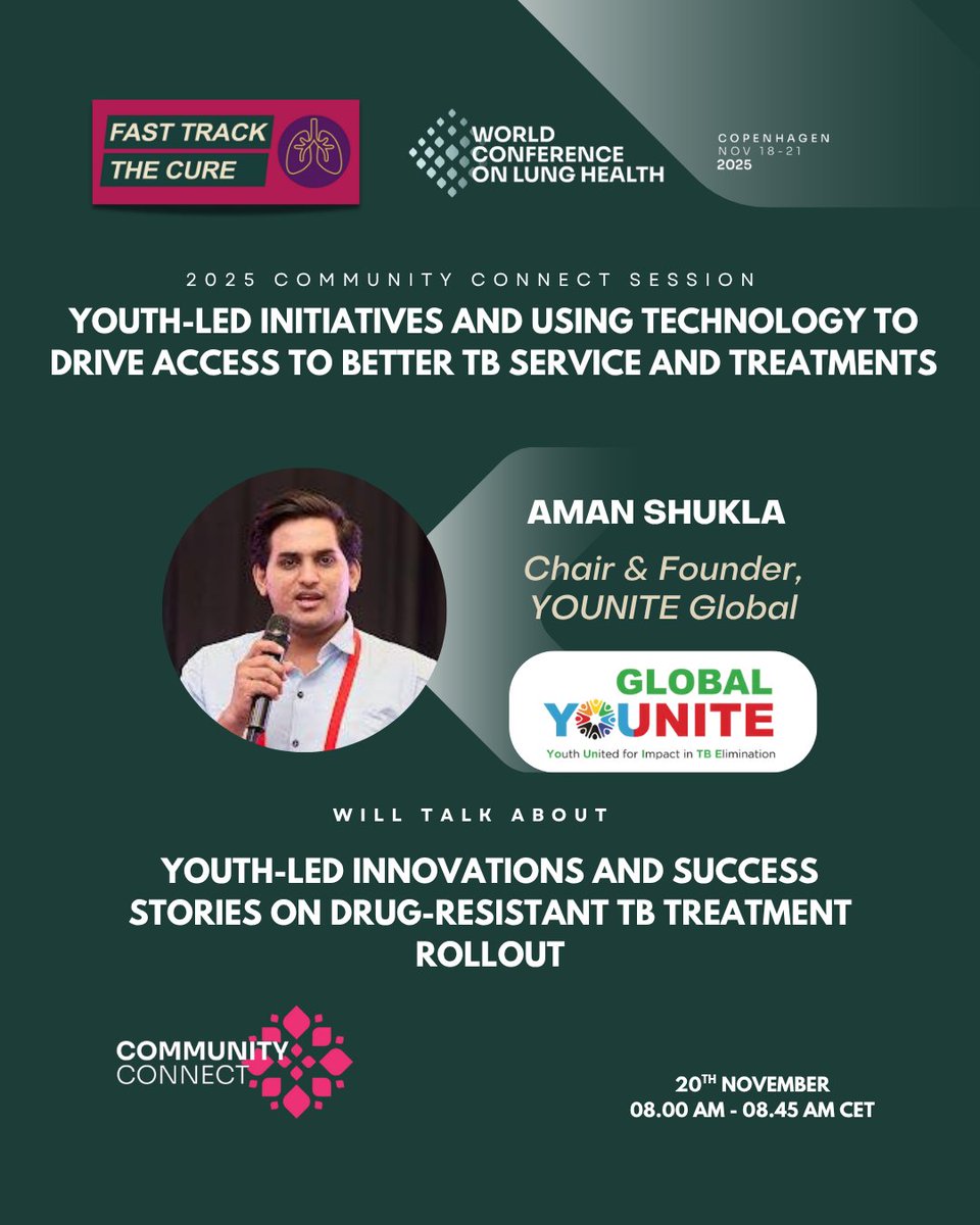 FastTrackTBCure's tweet image. 💥 Youth-led innovation is transforming DR-TB care!

Join Aman Shukla of YOUNITE Global at #UnionConference2025 as they share how young changemakers are shaping faster, more inclusive treatment rollouts.

🗓️ Nov 20 | 8:00–8:45 AM CET
#FastTracktheCure #6MonthsMax #EndTB #Youth4TB