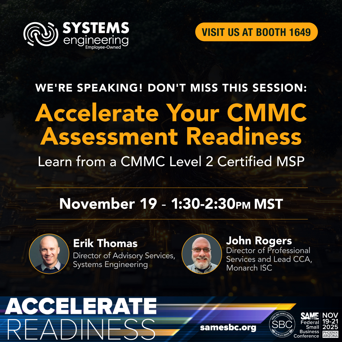 sysengineering's tweet image. We&apos;re Speaking at SAME SBC 2025!

 Join us for the session:
-Accelerate CMMC Assessment Readiness: Managing Risk with ESPs
-November 19 1:30-2:30 PM MST

If you&apos;re involved in CMMC planning, advisory, or execution, this session is for you.

#CMMC #CybersecurityCompliance