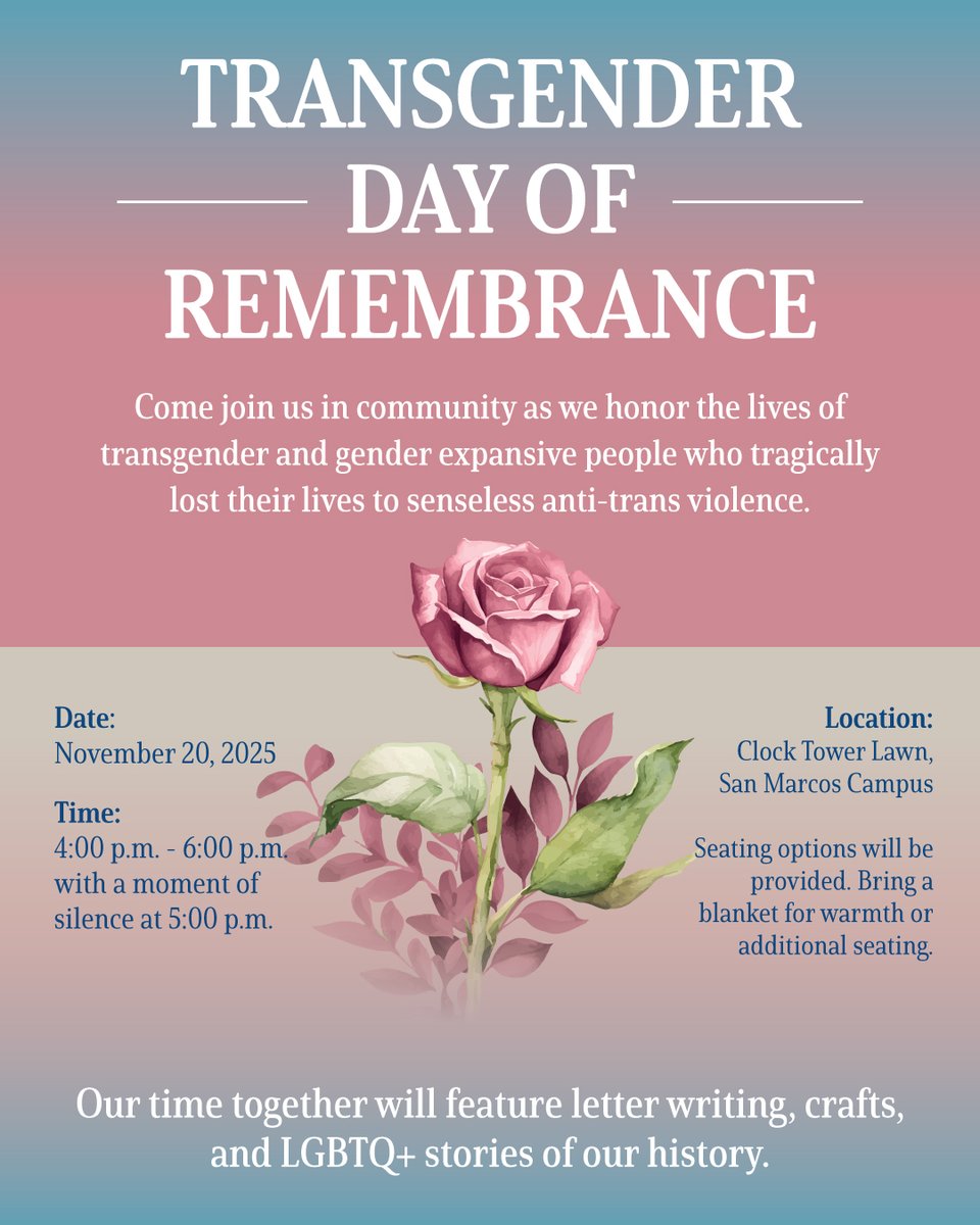 Join us to honor transgender lives lost to violence. Enjoy letter writing, crafts, &amp; LGBTQ+ stories! 
Transgender Day of Remembrance 
Nov 20, 4-6 PM, Clock Tower Lawn.