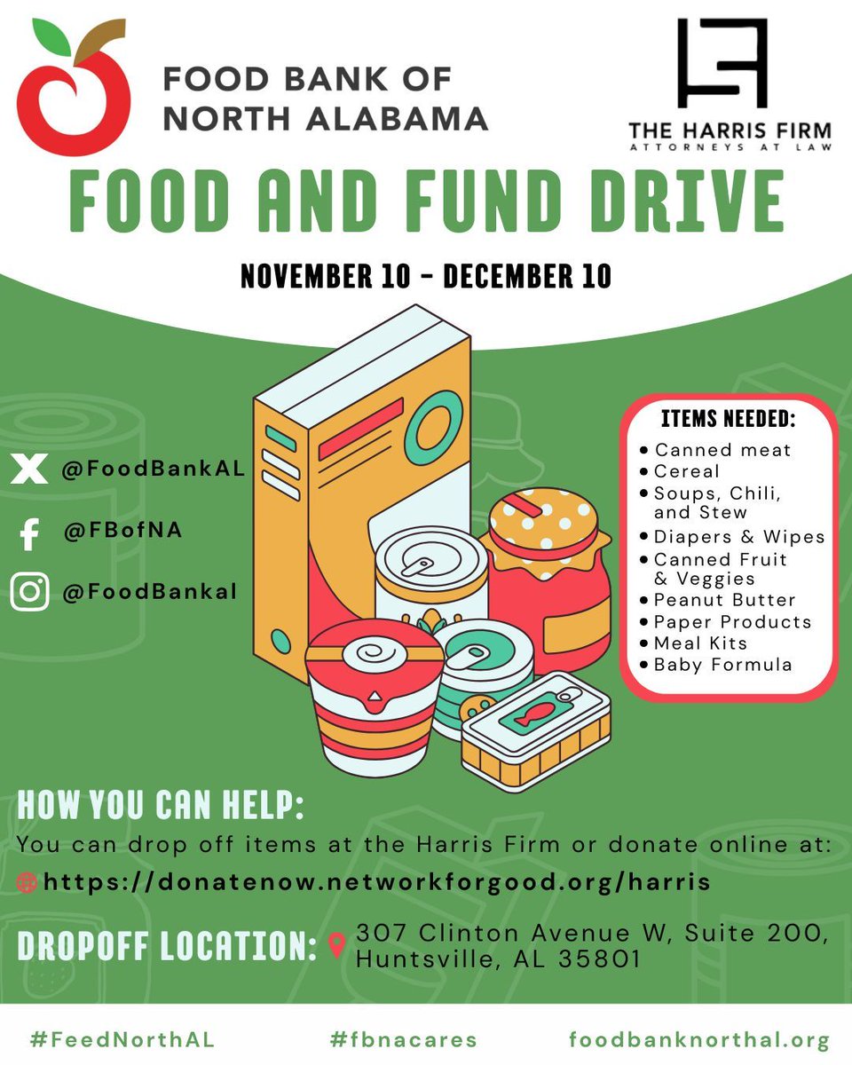 Proud to partner with <a href="/feedingAL/">Community Food Bank of Central Alabama</a> &amp; @foodbankal to fight hunger. Drop off non-perishables at our Huntsville office or donate online at donatenow.networkforgood.org/harris by Dec 10. 
#harrisfirm #fbnacares #EndHunger #CommunityKindness