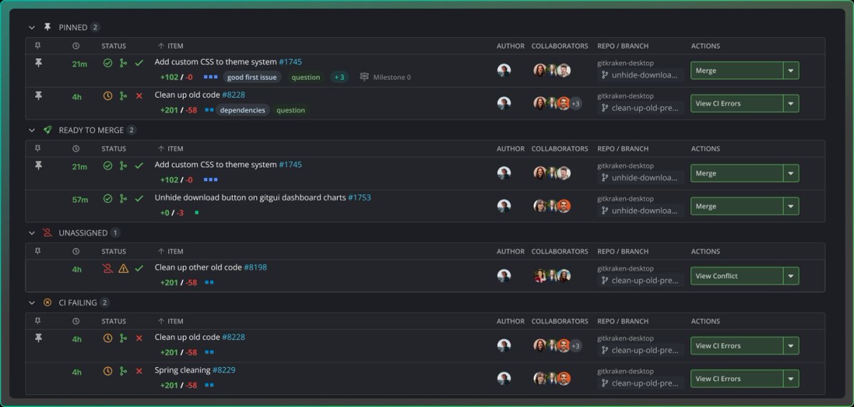 GitKraken's tweet image. Stop switching between GitHub, Jira, and 5 other tabs to check PR status.

LaunchPad gives you one unified view of all PRs, issues, and builds across every repo in your workspace. Pin what matters. Snooze what doesn&apos;t. Ship faster.