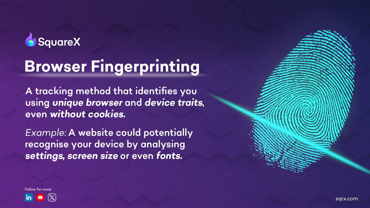 getsquarex's tweet image. A tracking method that identifies you using unique browser and device traits, even without cookies.  

#cybersecurity #browsersecurity #onlinesafety #ai #infosec #SquareX