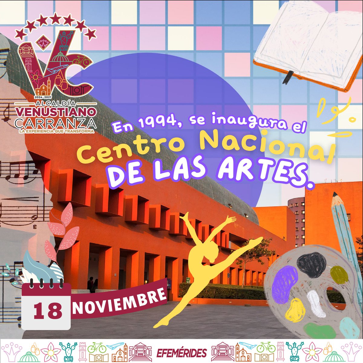 #BuenosDías☀️ 

18 de noviembre de 1994 | Se inaugura en la Ciudad de México el Centro Nacional de las Artes, un espacio interdisciplinario para la formación académica, la investigación y la difusión de las artes.🎨🎼🎬🎭

#Efemérides 
#VCCercaDeSuGente