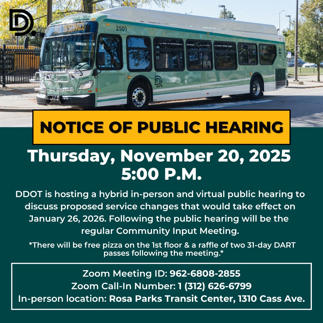 RideDDOT's tweet image. 🚨 We want to hear from you! 🚨

Tune in this Thurs., Nov. 20 at 5 p.m. for our HYBRID public hearing regarding January service changes.
💬 Following the hearing will be our regular CIM forum.
🍕 FREE pizza will be available at the meeting &amp;amp; a chance to win a 31-day bus pass.