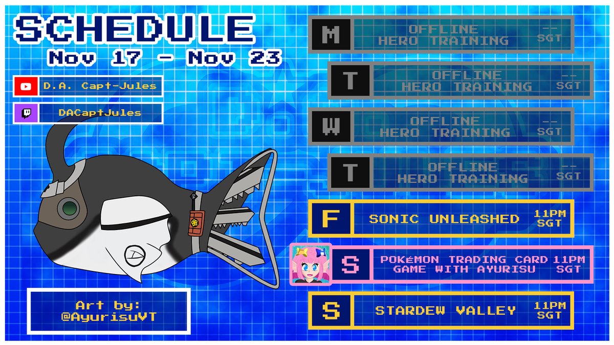 Tentative schedule!🦸🔑 Hopefully will be able to deliver!
Fri (21 Nov): Sonic Unleashed (Recomp)
Sat (22 Nov): Pokemon TCG with <a href="/AyurisuVT/">📂 Ayurisu 💾 || Save Point VTuber</a> (who also did this cool fish art!)
Sun (23 Nov): Stardew Valley
Hope to see y'all there!