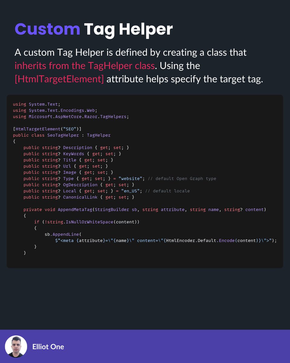 elliot1one's tweet image. Build dynamic HTML with Tag Helpers!

✅ Clean Razor views
✅ Full IntelliSense &amp;amp; strong typing
✅ Reusable components
✅ Server-side logic in markup

Ex: Custom Tag Helpers can inject SEO meta tags, Open Graph data &amp;amp; more!

#dotnet #aspcore #webdev #codingtips #programmingtips