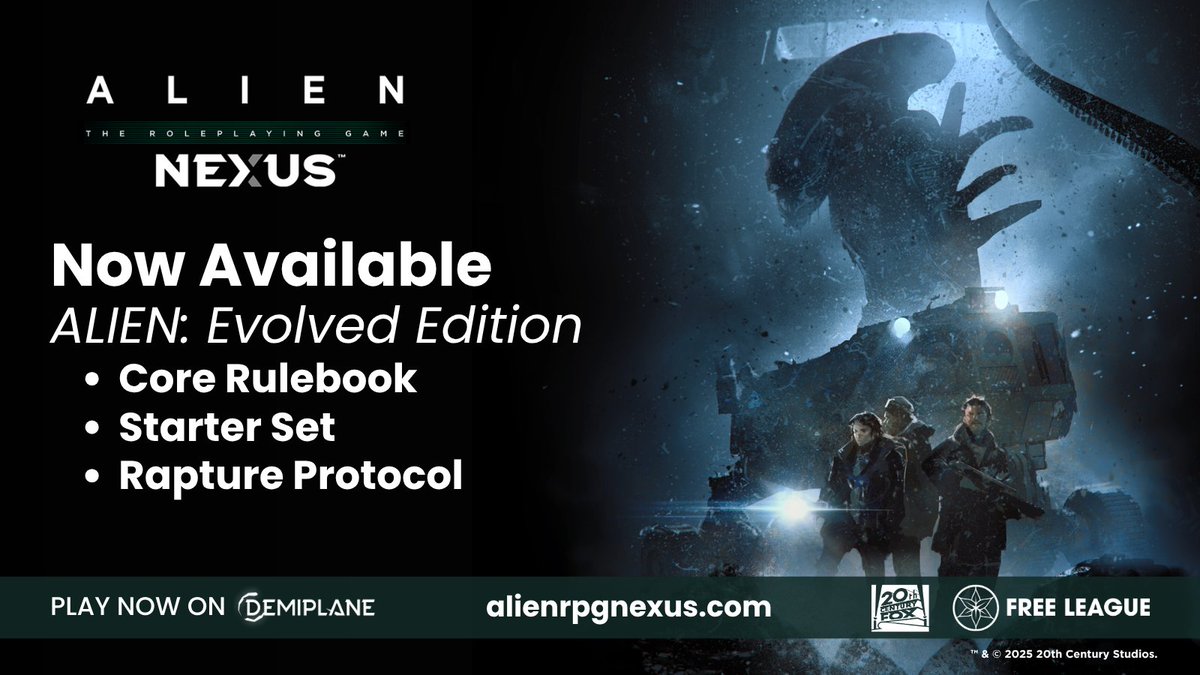 DemiplaneRPG's tweet image. ALIEN: Evolved has ARRIVED on ALIEN: NEXUS!

👾 From our lovely partners at @FreeLeaguePub comes a newly evolved edition (compatible with the first!) with three brand new titles!

👾 Will you survive?

Unlock on Demiplane! ➡️ It&apos;s the only way to be sure.
app.demiplane.com/nexus/alienrpg…