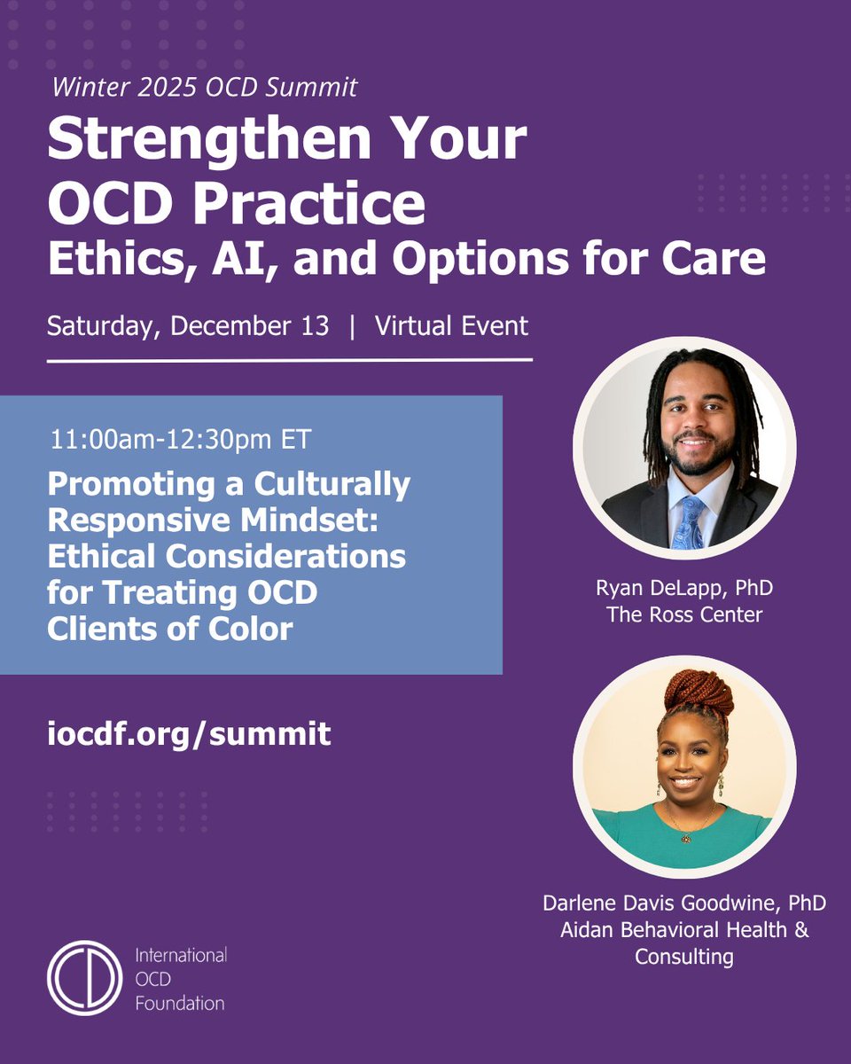 IOCDF's tweet image. Join leading experts in the field on Saturday, Dec. 13 for Strengthen Your OCD Practice: Ethics, AI, and Options for Care.

This premier online educational event specifically for clinicians is designed to address key gaps in clinical practice and offer deeper guidance in areas…