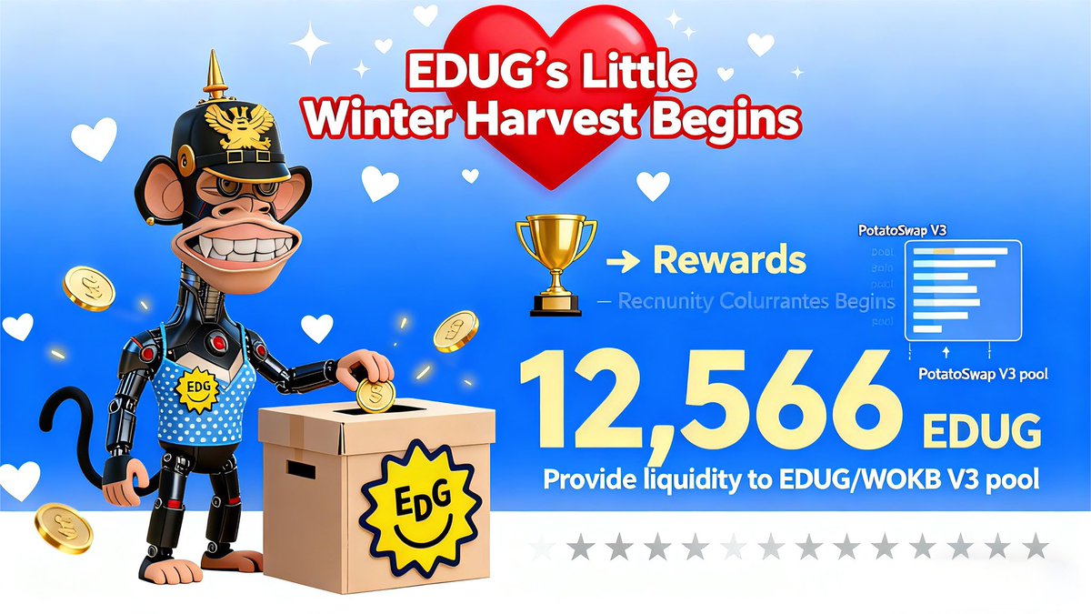 edugive_okx's tweet image. EDUG’s Little Winter Harvest Begins.

To thank our community for all the support, we’ve prepared a small, heartfelt activity —
From Nov 19, 11AM to Dec 3, 11AM (UTC+8),
simply provide at least $50 worth of liquidity to the EDUG/WOKB V3 pool on PotatoSwap,
and your wallet will be…