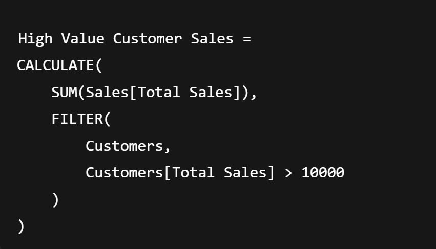 tomas_kutac_en's tweet image. 💡 Quick DAX Tip
💻 Use FILTER() Inside CALCULATE() for Complex Conditions

👉 The FILTER() function lets you apply advanced logic (like multiple conditions or comparisons across columns) when a simple filter won’t do.

✅ How it works:
CALCULATE() changes the filter context.…