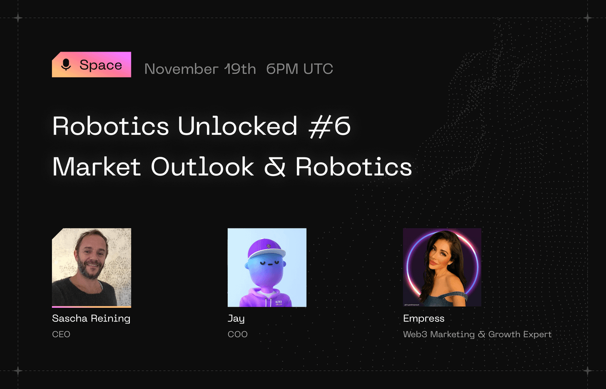Roba_Labs's tweet photo. Robotics Unlocked #6
Market Outlook & Robotics

Markets are stumbling. Sentiment is shaky. Whilst robotics is one of the next big industries quietly ready to explode.

Join our CEO, COO & @CryptoEmpressX as we tap into this shift and share what we’re cooking up next.

Set your reminder now ↓