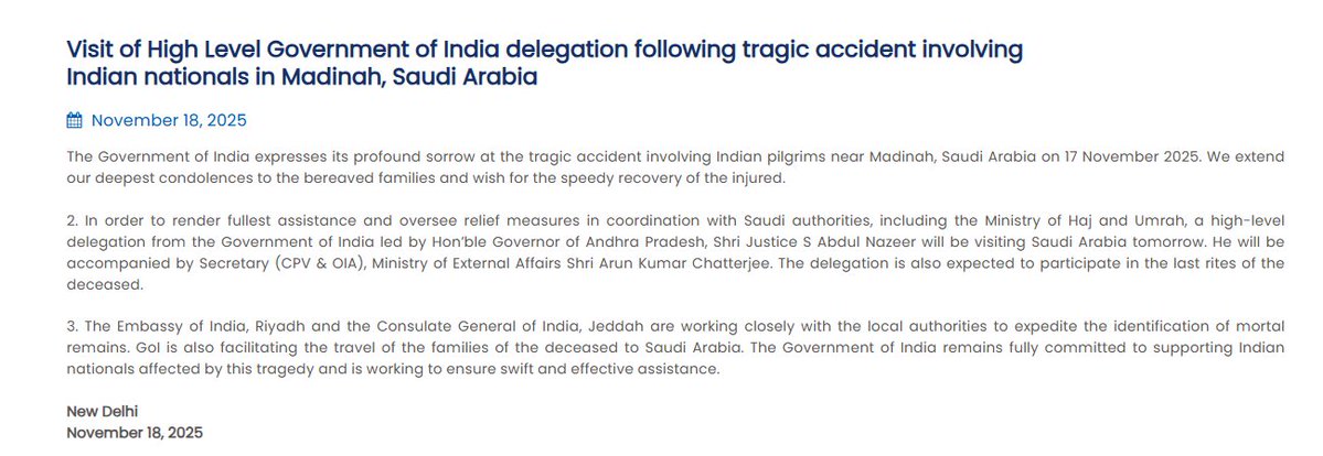 reddyashokap's tweet image. హజ్  ఉమ్రా మంత్రిత్వ శాఖతో సహా సౌదీ అధికారుల సమన్వయంతో పూర్తి సహాయం అందించడానికి , సహాయక చర్యలను పర్యవేక్షించడానికి, ఆంధ్రప్రదేశ్ గవర్నర్ జస్టిస్ ఎస్ అబ్దుల్ నజీర్ నేతృత్వంలోని భారత ప్రభుత్వం నుండి ఉన్నత స్థాయి ప్రతినిధి బృందం రేపు సౌదీ అరేబియాను సందర్శించనుంది