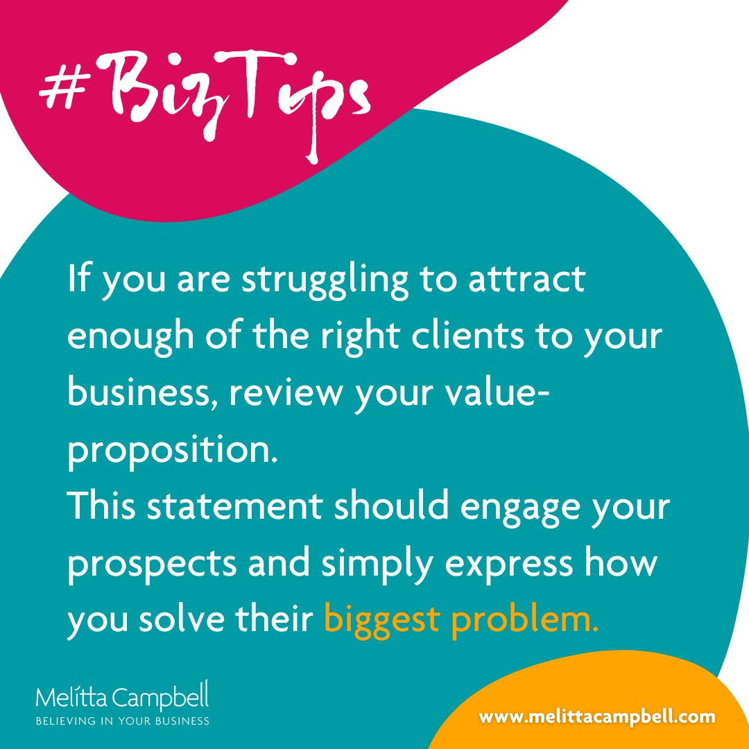 MelittaCampbell's tweet image. If you are struggling to attract enough of the right clients to your business, review your value-proposition
.
This statement should engage your prospects and simply express how you solve their biggest problem
.
#bizTips #TuesdayTips #advice #businesstips