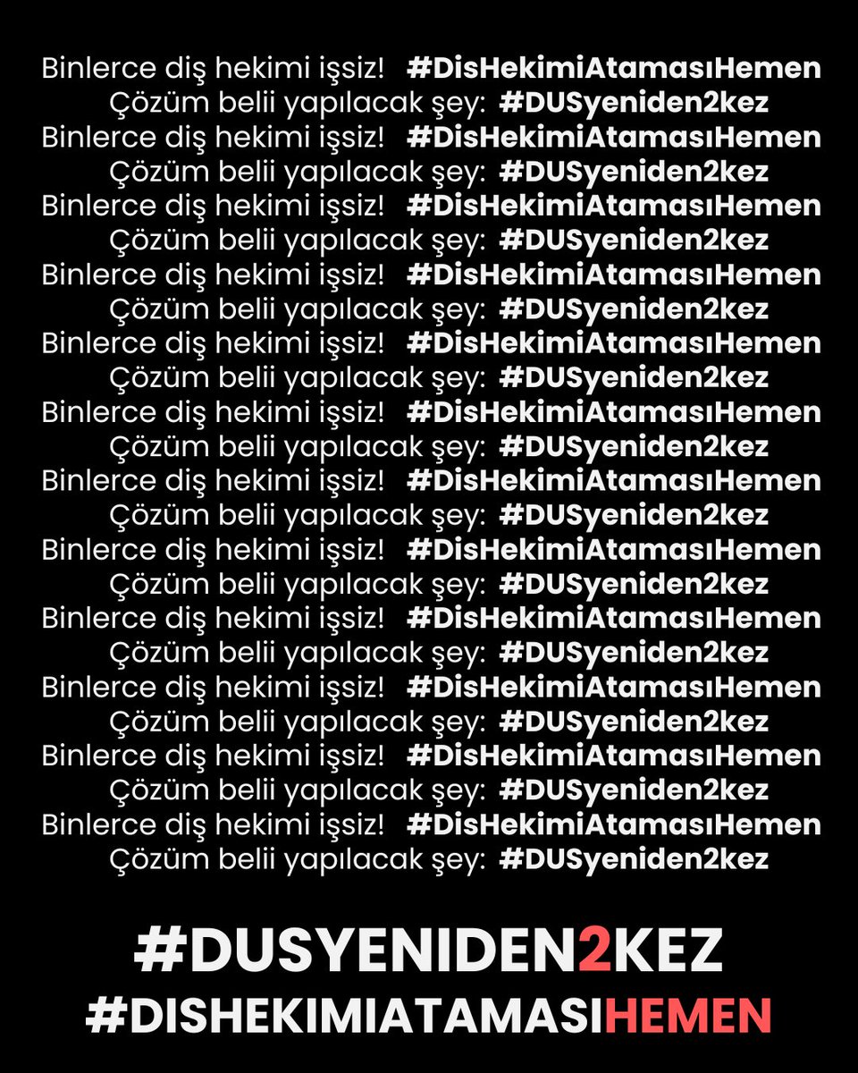 DUS 2’den 1’e düştü, kontenjan belirsiz, işsizlik yüksek, atanamayan gençler, düşük maaşlar, kötü özel sektör… Genç diş hekimleri artık istikrar ve adalet istiyor!
. 

#Dusyeniden2kez
#Dishekimiatamasıhemen
#2DUStekYürek