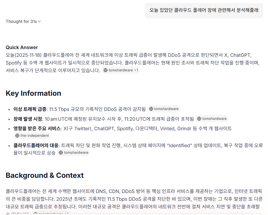 BIGSUH_ETH's tweet image. 오늘 대부분이 멈췄는데 , 어떻게
Sentient Chat 은 사용 할 수 있었을까?

오늘 인터넷 서비스들이 줄줄이 멈추는 모습을 많은 분들이 보셨을 겁니다.
X, ChatGPT, Spotify가 동시에 접속 불가 상태가 된 이유는
DNS와 CDN을 맡고 있는 클라우드플레어가 흔들렸기 때문입니다.
@SentientAGI…