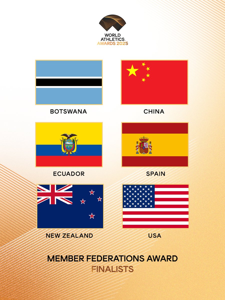 WorldAthletics's tweet image. Six nominees have been announced for the Member Federations Award ahead of the World Athletics Awards 2025.

The winner will be announced on 28 November.

#AthleticsAwards press release 🔗 bit.ly/4r5u0LB