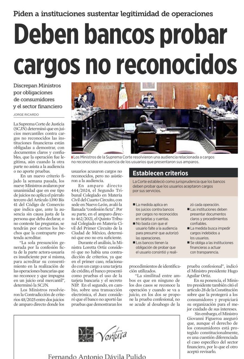 JoseMarioMX's tweet photo. La @SCJN acaba de romper un viejo abuso que durante años dejó indefensos a miles de usuarios bancarios: ya no será posible que un banco “gane” un juicio solo porque el cliente no pudo ir a una audiencia. Ese atajo procesal disfrazado de legalidad permitió que instituciones enormes aplastaran a personas comunes con una simple frase: “como no vino, se dan por confesados los hechos”. Hoy ese truco se derrumba. Y se derrumba porque la justicia, por fin, entendió lo que significa enfrentar a un gigante que controla toda la tecnología mientras tú solo tienes tu palabra.

El mensaje de la Corte es demoledor y necesario: si un banco quiere cobrar un cargo que el usuario no reconoce, tendrá que probarlo de verdad. Con documentos reales, bitácoras auténticas, protocolos de seguridad comprobables, trazabilidad clara de la operación y evidencia técnica que explique cómo se autorizó cada movimiento. Ya no bastan excusas, ya no bastan manuales opacos, ya no bastan los viejos “se usó el NIP”. Las instituciones financieras tendrán que rendir cuentas con transparencia, y no con presunciones que castigaban al más débil solo por no poder faltar al trabajo para acudir a una audiencia.
