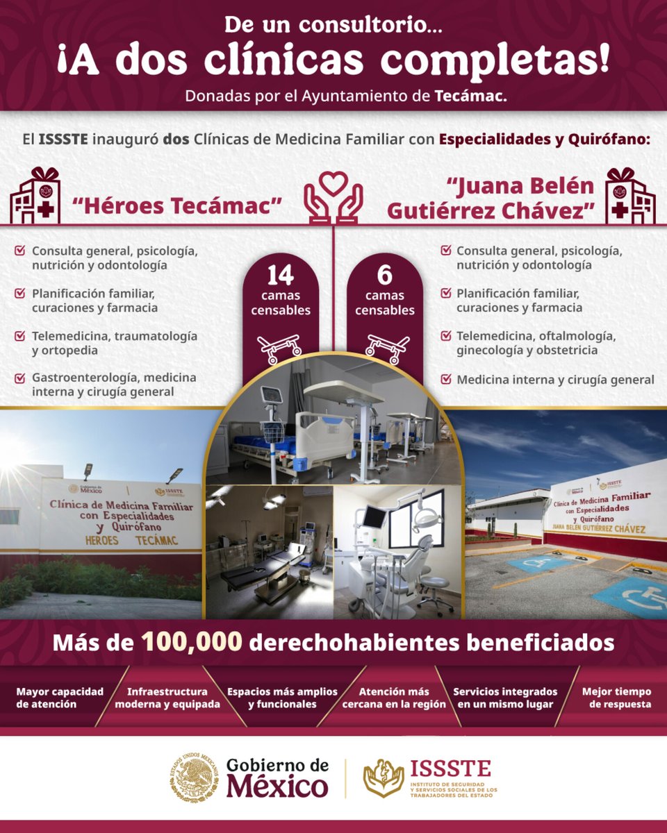 ISSSTE_mx's tweet image. 💙 ¡Damos un salto histórico en la salud! 😉

🏥 Con la puesta en marcha de las clínicas “Juana Belén Gutiérrez Chávez” y “Héroes Tecámac”, el ISSSTE abre dos espacios modernos que elevan la calidad del servicio y transforman la experiencia de las y los derechohabientes. 🙋🏻‍♀️🙋🏻‍♂️

🩺…