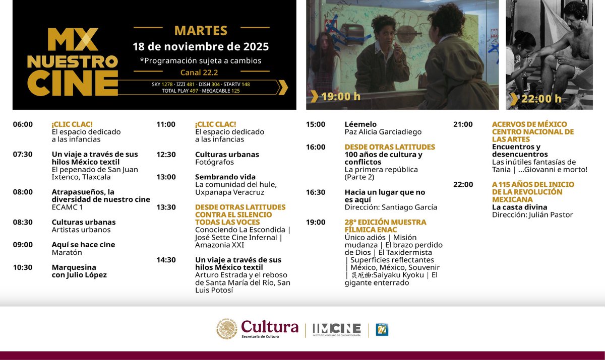 mxnuestrocine's tweet photo. ☀️🎞️ ¡Buenos días! Te compartimos la cartelera de hoy. Disfruta del mejor cine mexicano e iberoamericano en #MxNuestroCine.
📺 Señal 22.2
Sky 1278 | Izzi 481 | Dish 304 | StarTV 148 | Totalplay 497 | Megacable 125 |
📱 Conoce nuestra programación: https://t.co/PBqFO5bJCz https://t.co/Osjf4JkaA5