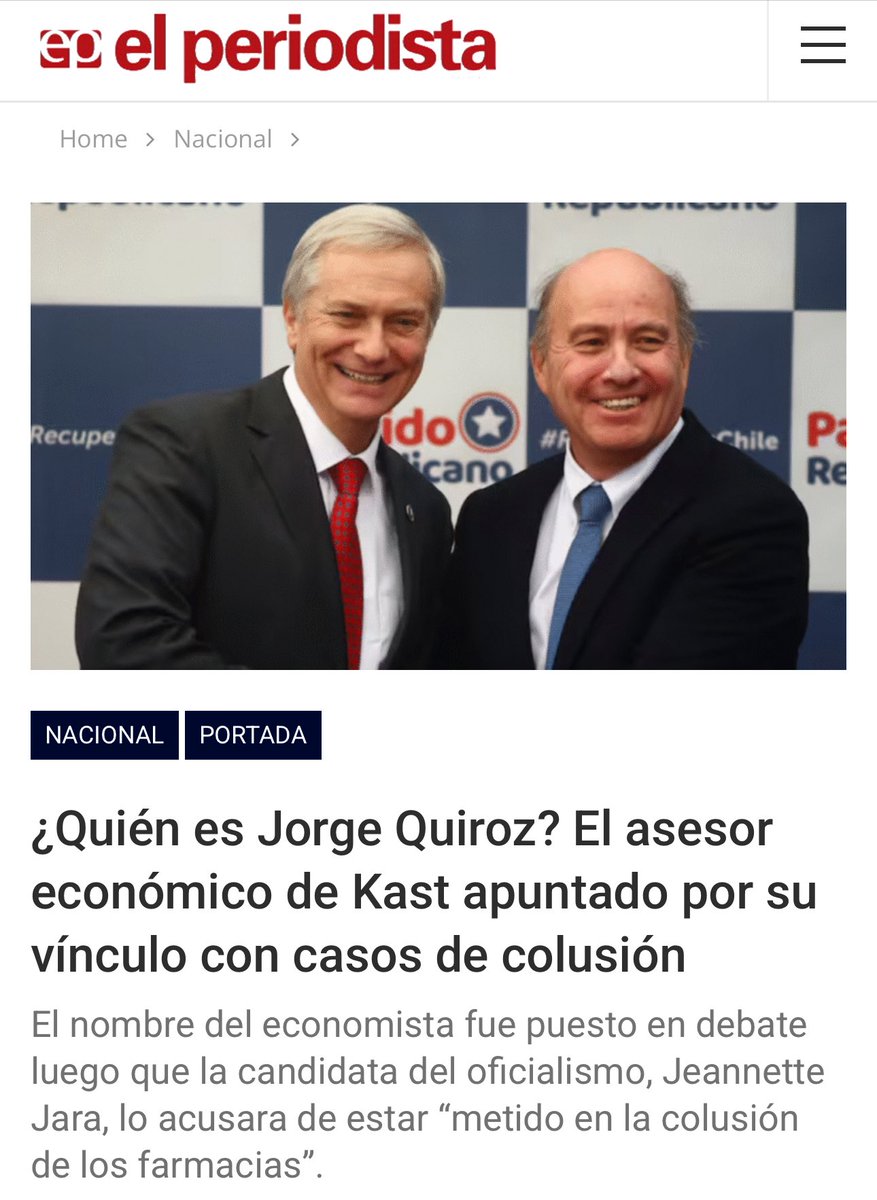 danimanouchehri's tweet photo. El encargado económico de Kast no es un experto neutral: ha sido asesor de los abusos contra el bolsillo de la gente. Estuvo detrás de las asesorías utilizadas en los casos de colusión de los remedios y de los pollos, dos de los fraudes más duros que han sufrido las familias chilenas.

Esto no es opinión: está en las sentencias. Sus informes pagados defendieron las tesis de las cadenas de farmacias que terminaron condenadas. Y en el caso de los pollos, los mismos ejecutivos coludidos hablaron del ‘modelo Quiroz’ para ajustar la coordinación de ventas.

Los chilenos tienen derecho a saber qué esconde Kast detrás de sus propuestas económicas. Porque si su asesor de confianza estuvo tan cerca de las colusiones, ¿de qué lado van a gobernar? ¿Del lado de las familias o del lado de los mismos de siempre?”