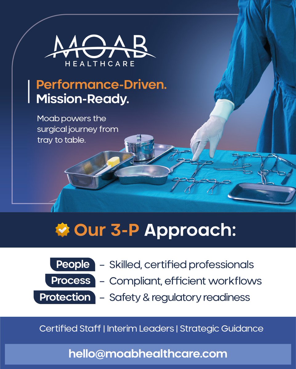 Performance-Driven. Mission-Ready.

Moab powers the #surgical journey from tray to table.

3-P Approach ensures operational excellence:

People – Skilled, certified professionals
Process – Compliant, efficient workflows
Protection – Safety &amp; regulatory readiness

#Surgery