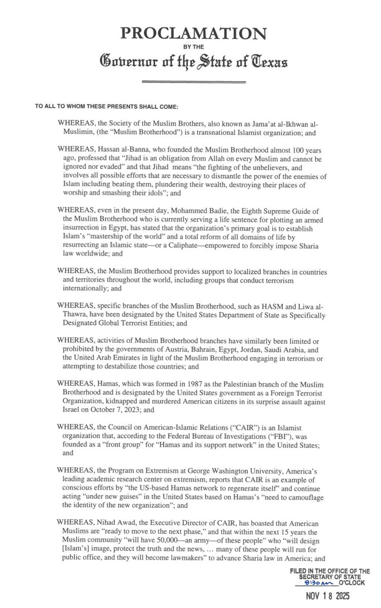 Breaking911's tweet image. Texas Governor Greg Abbott has labeled the Muslim Brotherhood and CAIR as foreign terrorist and transnational criminal organizations, banning them from acquiring land in Texas and empowering the Attorney General to take legal action to shut them down.