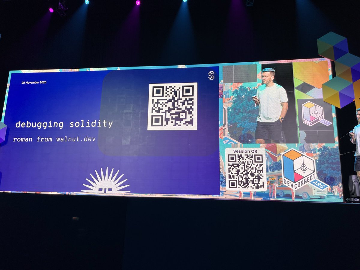 solidity_lang's tweet image. Now on stage: @romanmazur from @walnut_dev, showcasing SolDB - a debugger built on the @ethdebug spec - and explaining how deeper, structured debugging becomes possible with this format.