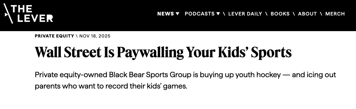 lukewgoldstein's tweet image. Private equity firms are buying up youth sports and their first move has been to ban parents from recording their kid&apos;s games so they have to subscribe to the company&apos;s own online streaming service which costs more than ESPN...