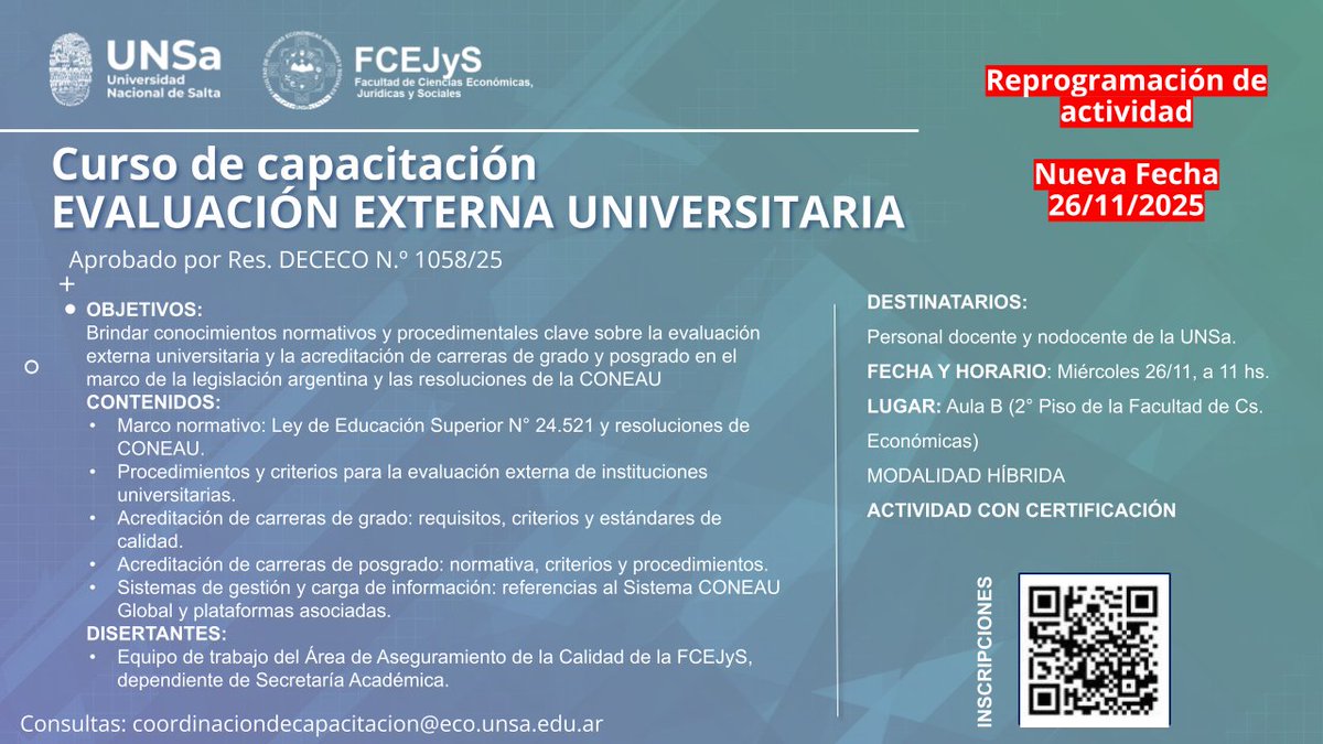 DocentesEco's tweet photo. Curso de Capacitación” Evaluación Externa Universitaria”

Más info:
https://t.co/Tx4hl8Cr7X https://t.co/DWvBvrjMKD