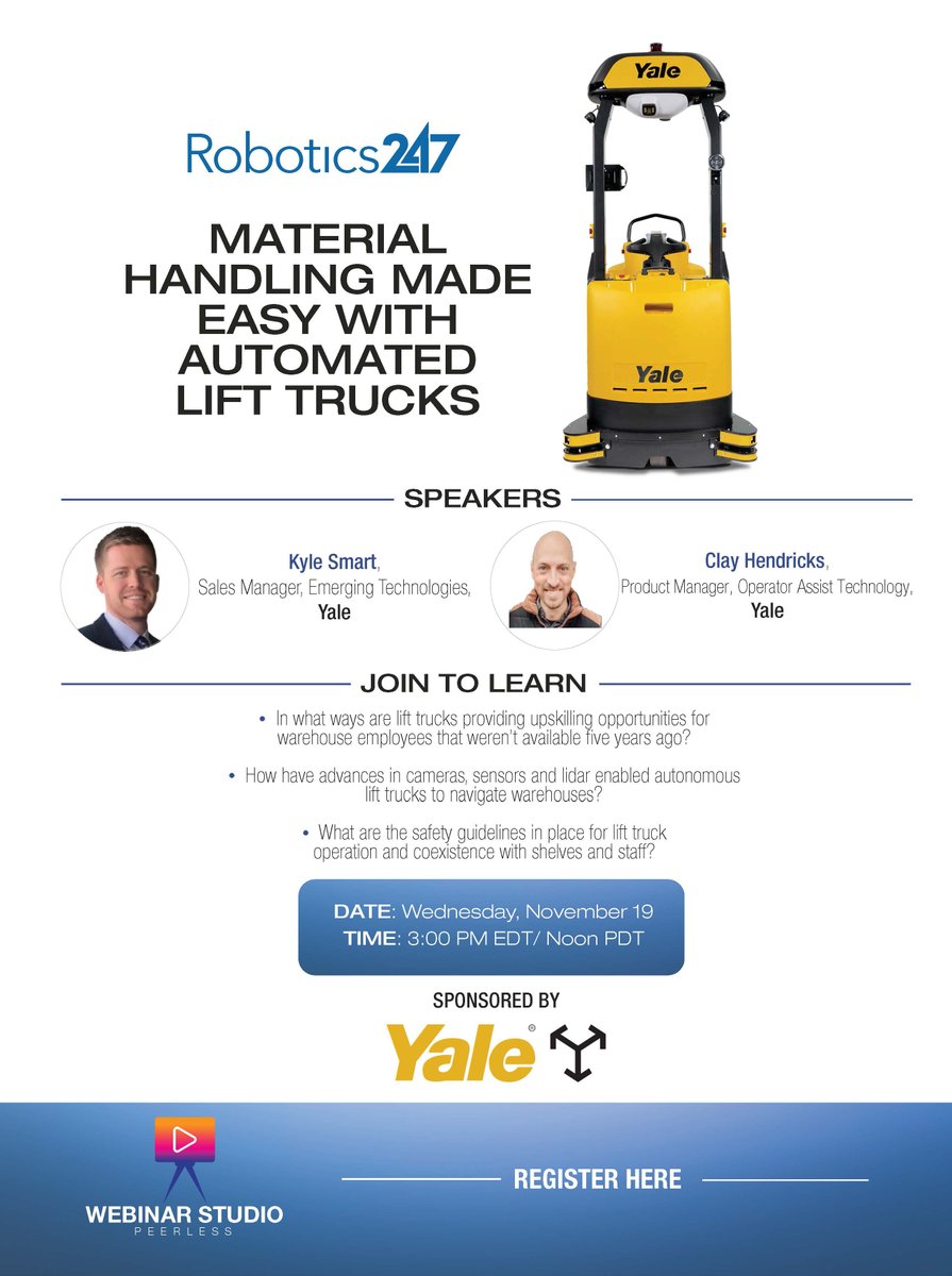 robotics247's tweet image. What&apos;s the latest on #lifttruck technologies in the #warehouse? Join our LIVE &amp;amp; FREE program tomorrow at 3 PM EST/12 PM PST, covering #materialshandling and #warehouseautomation, featuring speakers from @YaleLiftTrucks. Register now: event.on24.com/wcc/r/4809589/…