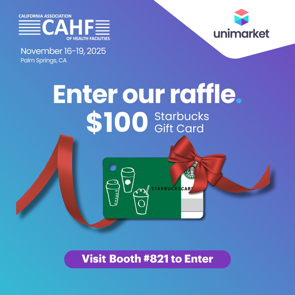Unimarket's tweet image. We’re at the #CAHF 2025 Annual Convention &amp;amp; Expo. Stop by Booth 821 to meet and see how Unimarket’s Source-to-Pay solutions support long-term care providers.
☕️ Register to win a $100 Starbucks Gift Card when you visit.
#SpendManagement #Procurement #Healthcare