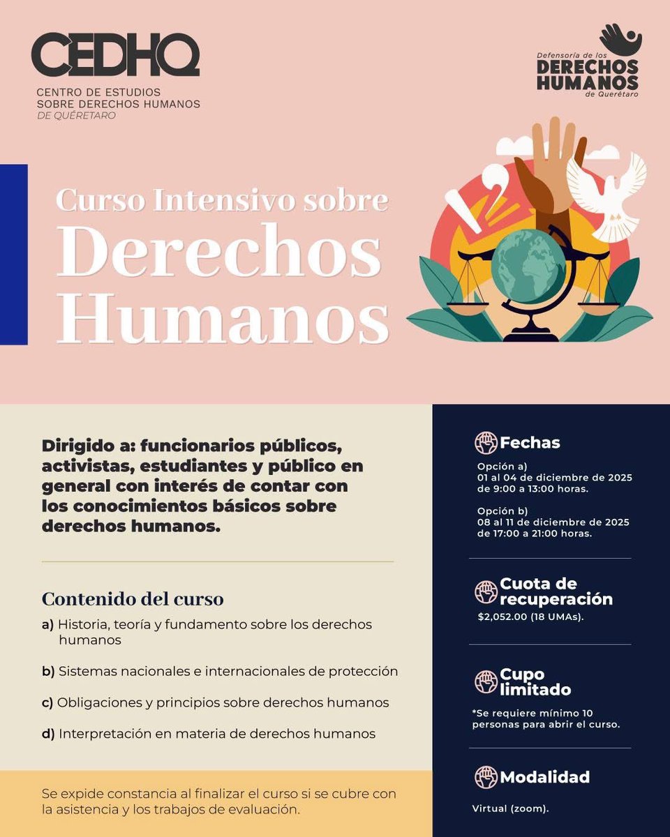 ¡Impulsa tu formación en DDHH! 🌐✨
El Centro de Estudios sobre Derechos Humanos de Querétaro te invita a su Curso Intensivo.

Consulta temario e inscripción aquí 👉 ddhqro.org/wp-content/upl…

¡Cupo limitado! 🚀📘