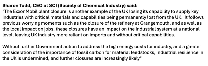 EdConwaySky's tweet image. NEW
ExxonMobil is closing its plastics refinery in Mossmorran. 400 jobs.
For the first time since the UK invented polyethylene (the most important of all plastics) we are no longer manufacturing the key ingredient, ethylene, in this country...
Quote from Sharon Todd of SCI👇