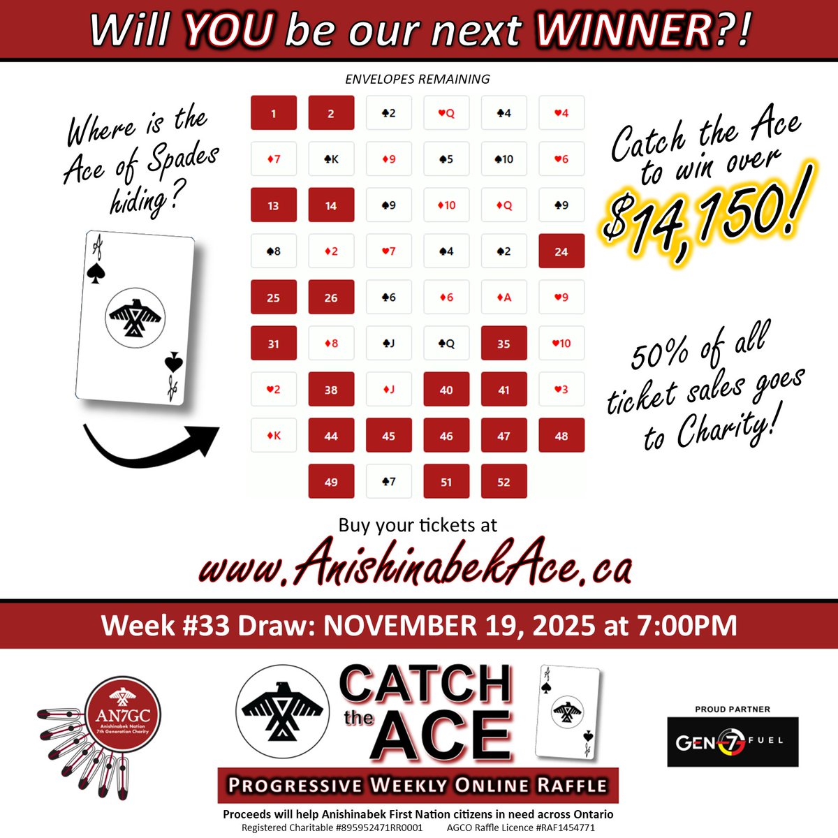 AN7GC's tweet image. If you are over 18 years of age and located within the #Province of #Ontario, you can participate in our #Anishinabek #CatchtheAce #raffle! Buy your tickets today at AnishinabekAce.ca for your chance to #WIN!