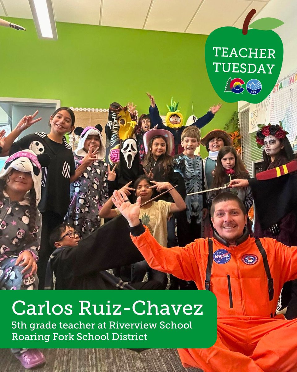 codepted's tweet image. For Teacher Tuesday, we&apos;re highlighting 5th grade teacher Carlos Ruiz-Chavez. He teaches at Riverview School, a dual-language school in @RoaringForkSD. When not teaching, Carlos enjoys spending time outdoors and is a huge music fan who loves collecting vinyl albums.