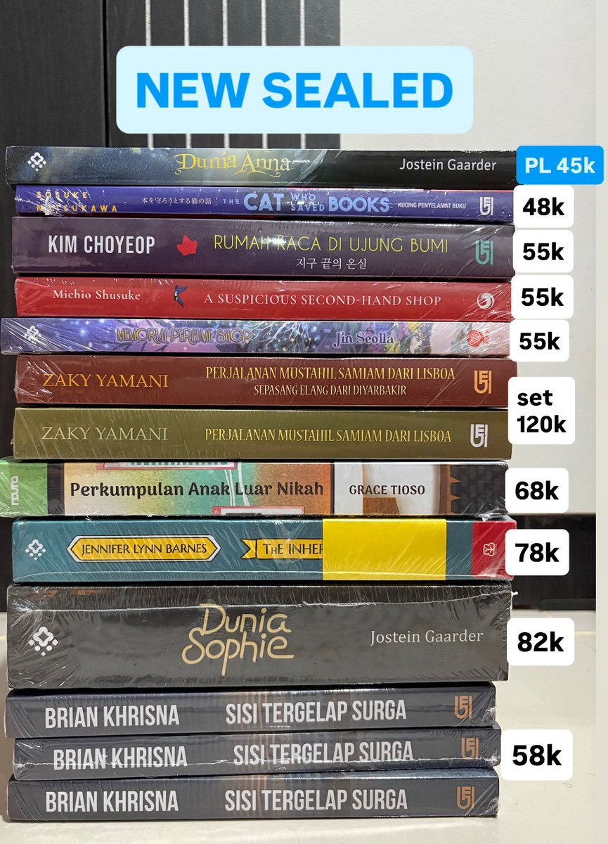 azeiyyya's tweet image. WTS 📚
(new sealed, kecuali dunia anna preloved) dijual cepat karna mau pindahan 

• ⁠harga include all
• ⁠checkout oren🍊
• ⁠semua buku ori💯

link co: shopee.co.id/uunicornn

help rt🫶🏻

t. wts wtb buku novel new ori