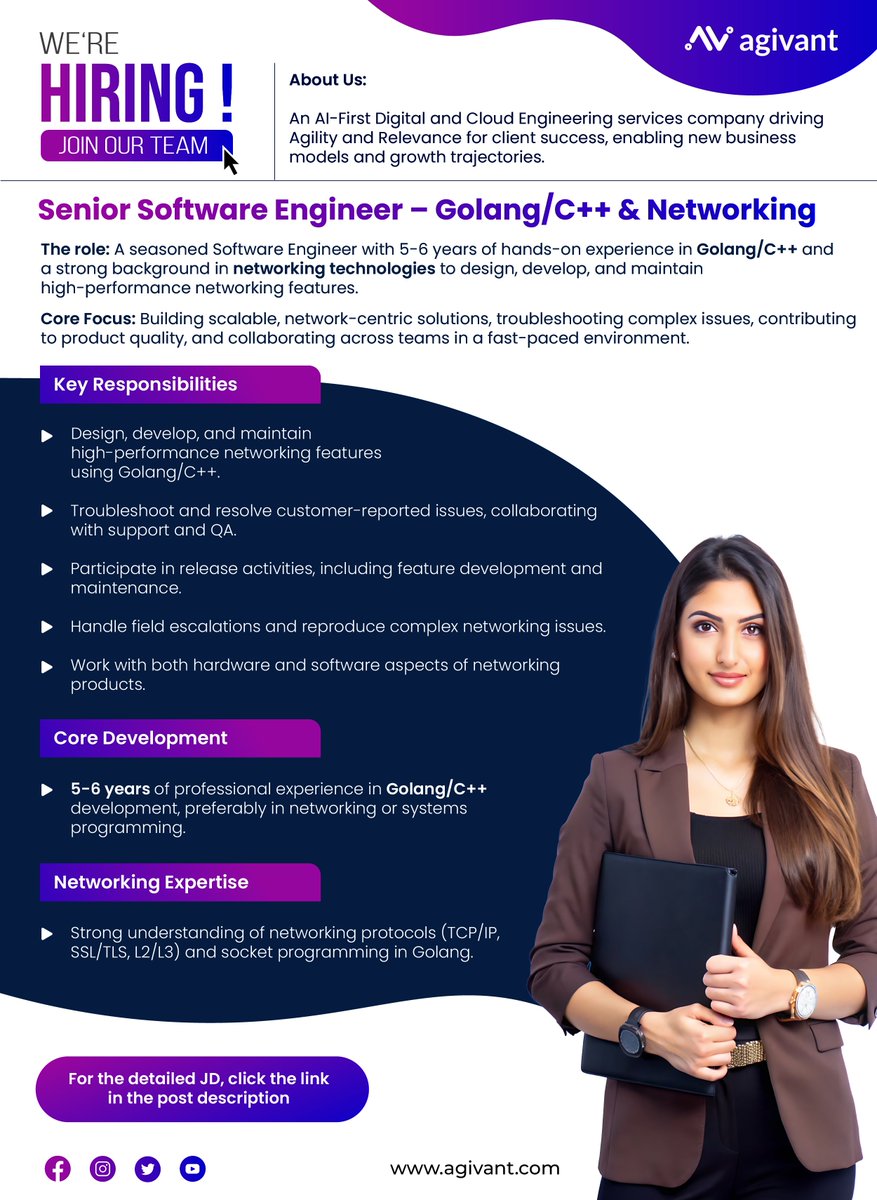 AgivantTech's tweet image. We&apos;re urgently seeking a Senior Software Engineer (5-6 years experience) skilled in Golang/C++ with deep networking expertise. 

Apply Now: agivant.zohorecruit.in/jobs/AgivantCa…

#Agivant #golangprojects #CPlusPlus #Networking  #SystemsProgramming #HighPerformance #TechJobs  #HiringNow